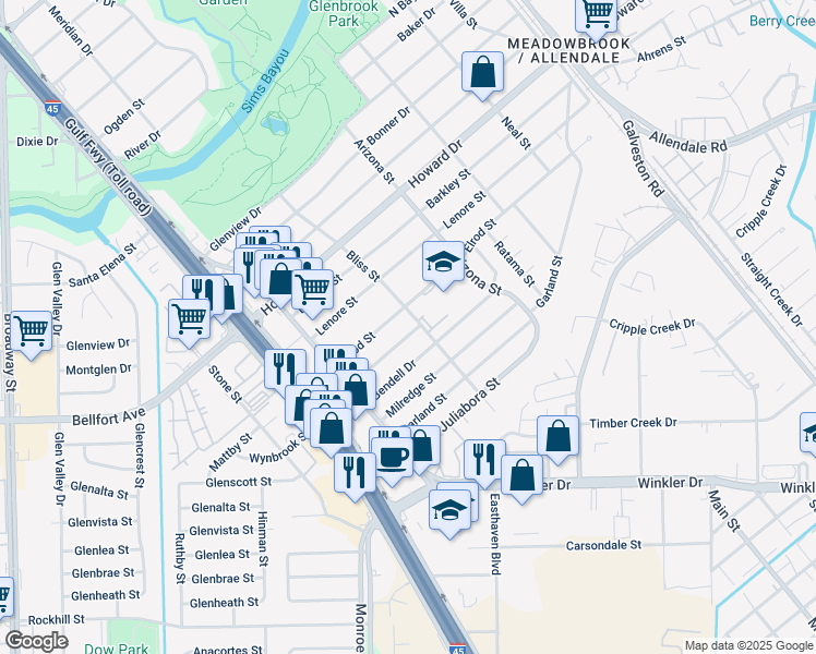 map of restaurants, bars, coffee shops, grocery stores, and more near 8065 Elrod Street in Houston