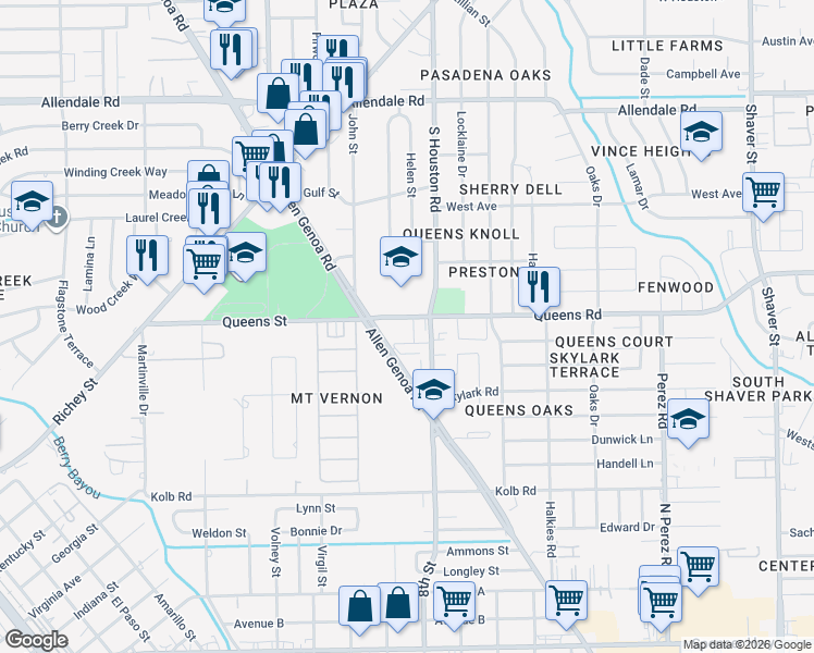 map of restaurants, bars, coffee shops, grocery stores, and more near 1111 Queens Road in Pasadena