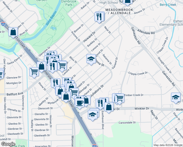map of restaurants, bars, coffee shops, grocery stores, and more near 8100 Elrod Street in Houston