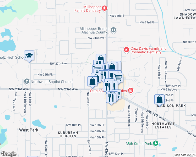 map of restaurants, bars, coffee shops, grocery stores, and more near 4401 Northwest 25th Place in Gainesville