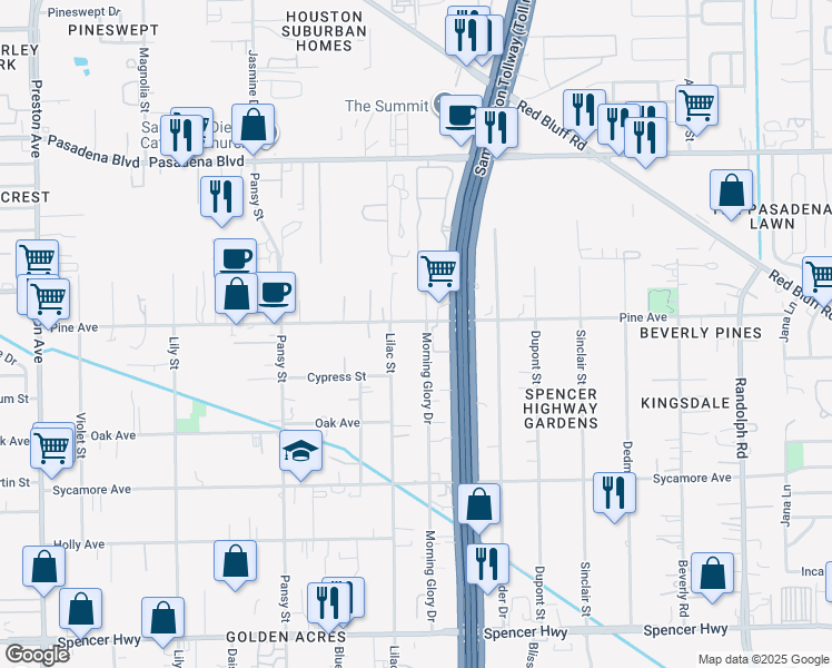 map of restaurants, bars, coffee shops, grocery stores, and more near 5400 Pine Street in Pasadena