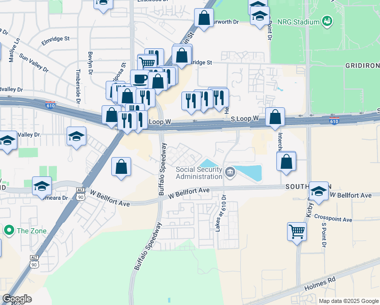 map of restaurants, bars, coffee shops, grocery stores, and more near 9955 Buffalo Speedway in Houston