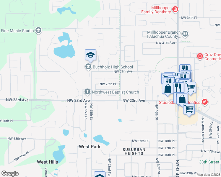 map of restaurants, bars, coffee shops, grocery stores, and more near 5127 Northwest 25th Place in Gainesville