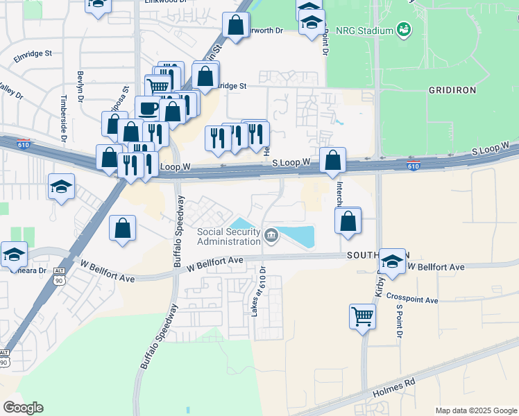map of restaurants, bars, coffee shops, grocery stores, and more near 8900 Lakes at 610 Drive in Houston