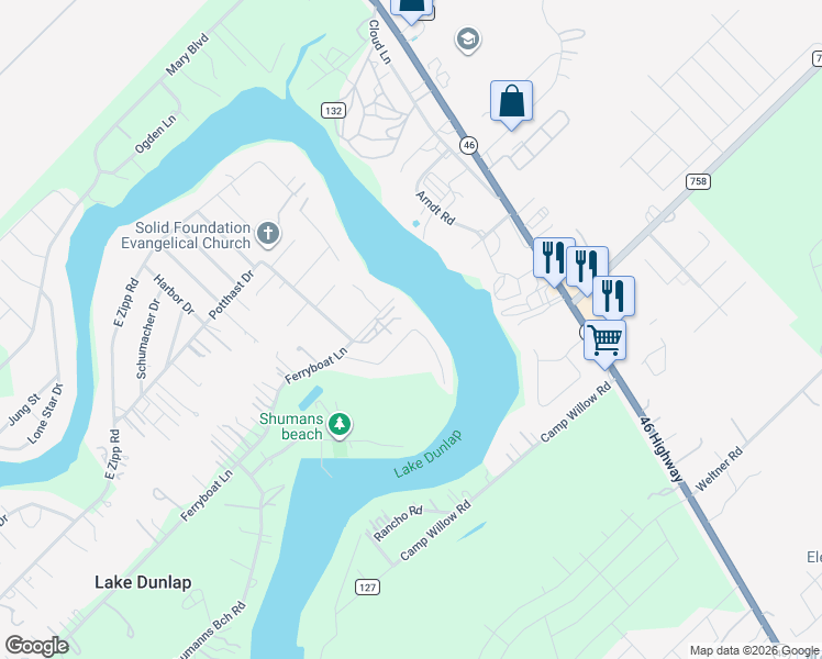 map of restaurants, bars, coffee shops, grocery stores, and more near 209 Satterfield Road in New Braunfels