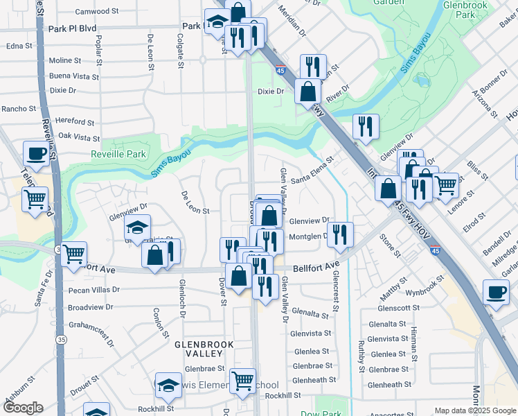 map of restaurants, bars, coffee shops, grocery stores, and more near 8121 Broadway Street in Houston