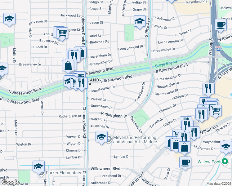 map of restaurants, bars, coffee shops, grocery stores, and more near 5211 Braesheather Drive in Houston