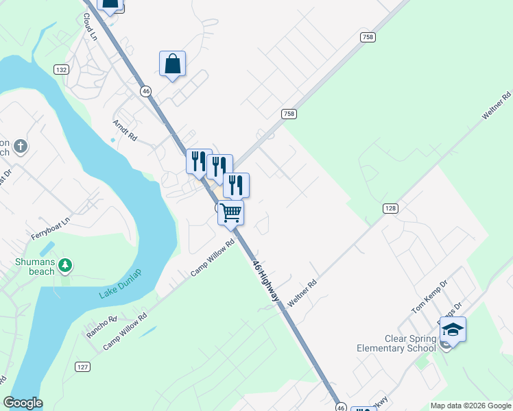 map of restaurants, bars, coffee shops, grocery stores, and more near 1767 Texas 46 in New Braunfels
