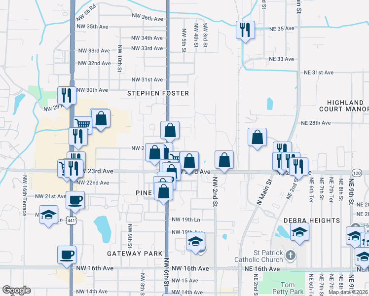 map of restaurants, bars, coffee shops, grocery stores, and more near 2503 Northwest 4th Terrace in Gainesville