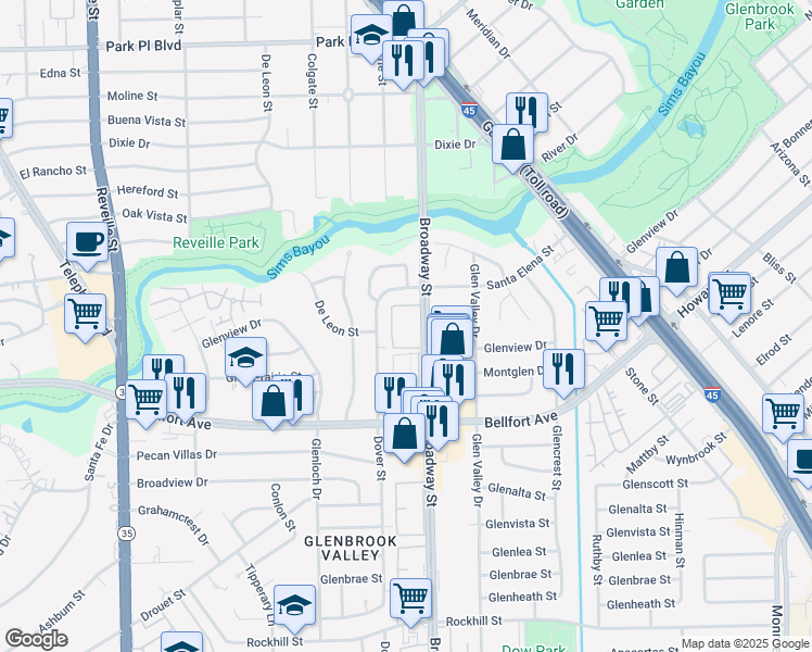 map of restaurants, bars, coffee shops, grocery stores, and more near 8111 Dover Street in Houston