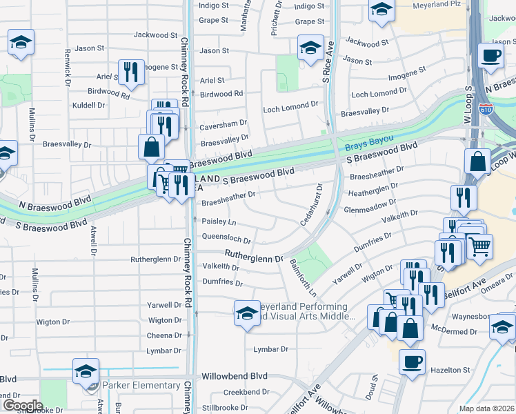 map of restaurants, bars, coffee shops, grocery stores, and more near 5211 Braesheather Drive in Houston