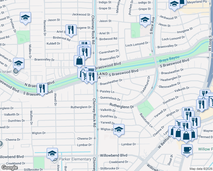map of restaurants, bars, coffee shops, grocery stores, and more near 5319 Braesheather Drive in Houston