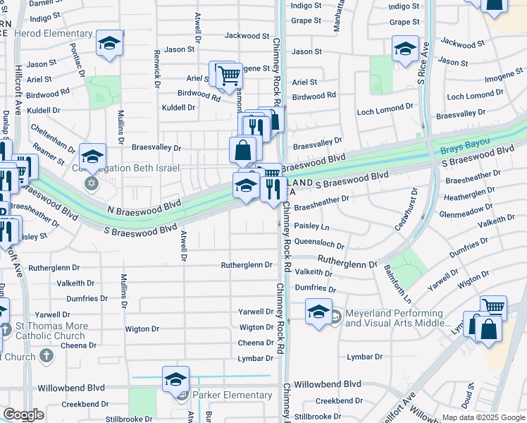 map of restaurants, bars, coffee shops, grocery stores, and more near 5417 South Braeswood Boulevard in Houston