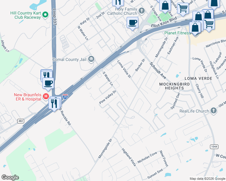 map of restaurants, bars, coffee shops, grocery stores, and more near 291 South Water Lane in New Braunfels