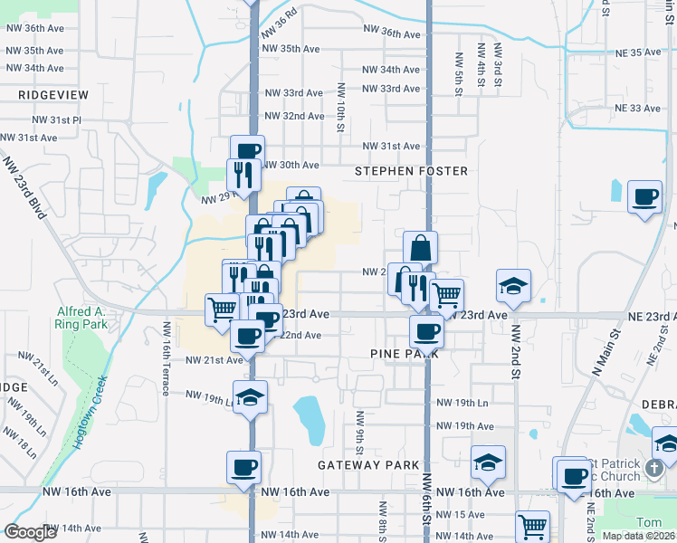map of restaurants, bars, coffee shops, grocery stores, and more near 900 Northwest 25th Avenue in Gainesville