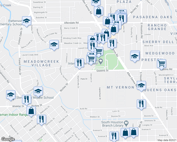 map of restaurants, bars, coffee shops, grocery stores, and more near Queens Street in Houston