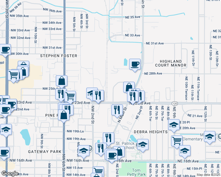 map of restaurants, bars, coffee shops, grocery stores, and more near 2512 Northeast 1st Boulevard in Gainesville