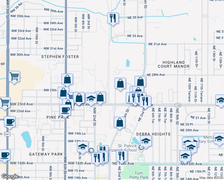 map of restaurants, bars, coffee shops, grocery stores, and more near 2512 NE 1st Blvd in Gainesville