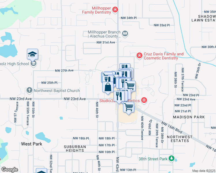 map of restaurants, bars, coffee shops, grocery stores, and more near 4401 Northwest 25th Place in Gainesville