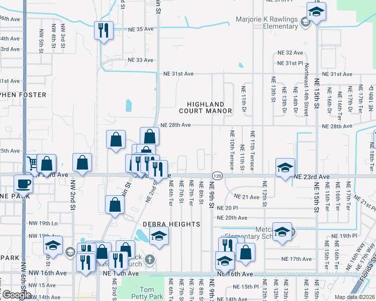 map of restaurants, bars, coffee shops, grocery stores, and more near 766 Northeast 23rd Avenue in Gainesville