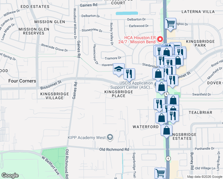 map of restaurants, bars, coffee shops, grocery stores, and more near 14903 Armitage Lane in Sugar Land