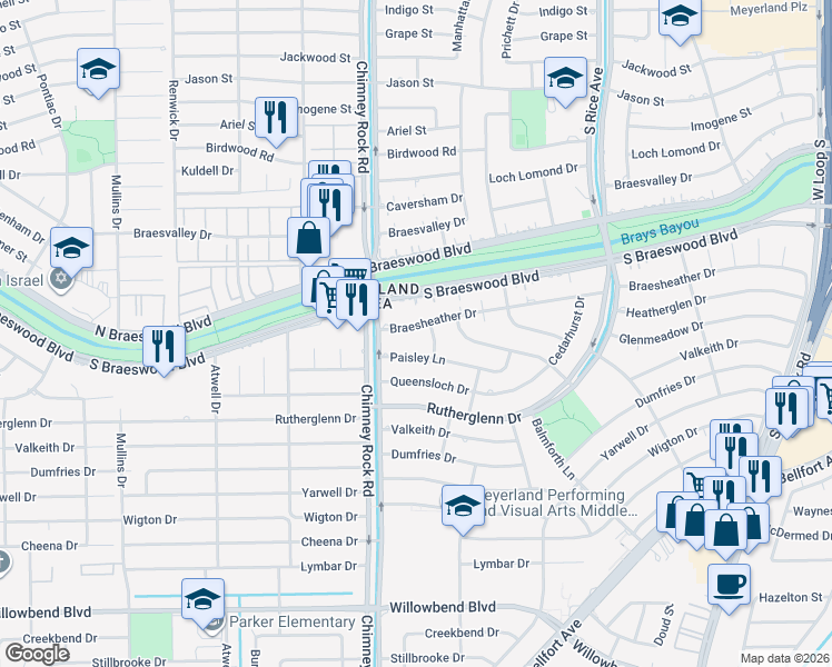 map of restaurants, bars, coffee shops, grocery stores, and more near 5319 Braesheather Drive in Houston