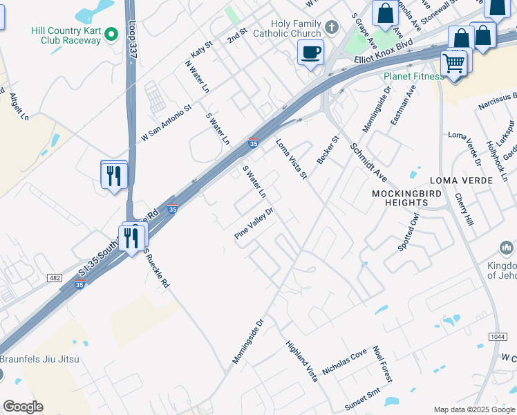 map of restaurants, bars, coffee shops, grocery stores, and more near 3011 Douglas Fir in New Braunfels