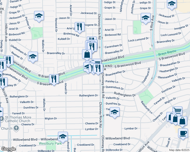 map of restaurants, bars, coffee shops, grocery stores, and more near 5400 North Braeswood Boulevard in Houston