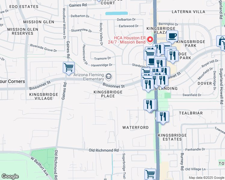map of restaurants, bars, coffee shops, grocery stores, and more near 9403 Gatmere Court in Sugar Land