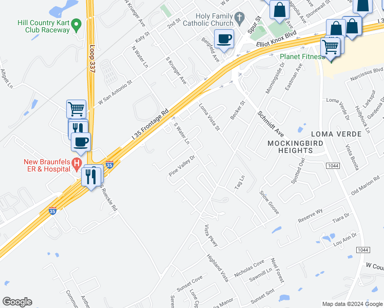map of restaurants, bars, coffee shops, grocery stores, and more near 3008 Pine Valley Drive in New Braunfels