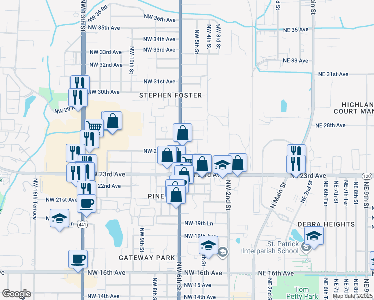 map of restaurants, bars, coffee shops, grocery stores, and more near 2511 Northwest 6th Street in Gainesville
