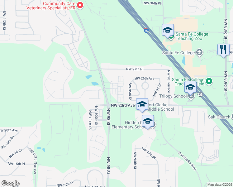 map of restaurants, bars, coffee shops, grocery stores, and more near 2499 Northwest 97th Drive in Gainesville