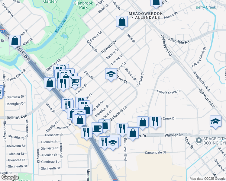 map of restaurants, bars, coffee shops, grocery stores, and more near 8100 Elrod Street in Houston