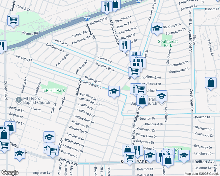 map of restaurants, bars, coffee shops, grocery stores, and more near 7350 Remegan Road in Houston