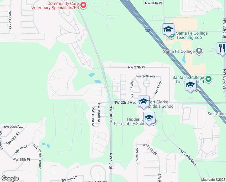 map of restaurants, bars, coffee shops, grocery stores, and more near 2499 Northwest 97th Drive in Gainesville
