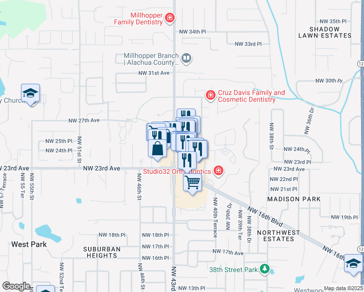map of restaurants, bars, coffee shops, grocery stores, and more near 2582 NW 43rd St in Gainesville