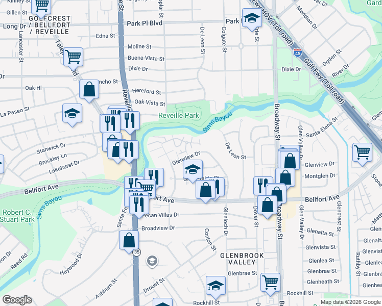 map of restaurants, bars, coffee shops, grocery stores, and more near 7627 Glenview Drive in Houston