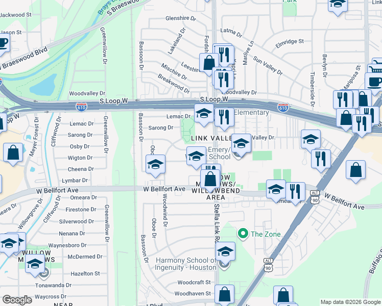 map of restaurants, bars, coffee shops, grocery stores, and more near 4037 Osby Drive in Houston