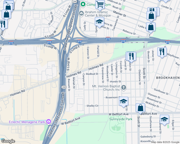map of restaurants, bars, coffee shops, grocery stores, and more near 7902 Cannon Street in Houston