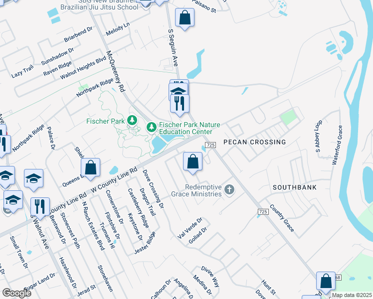 map of restaurants, bars, coffee shops, grocery stores, and more near 2019 Heaton Hall Drive in New Braunfels