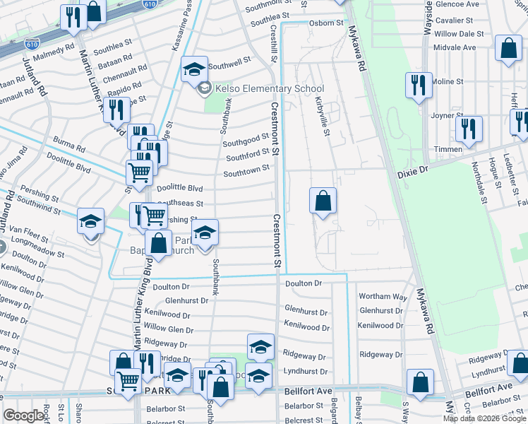map of restaurants, bars, coffee shops, grocery stores, and more near 5959 Pershing Street in Houston