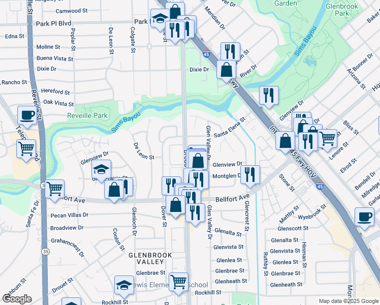 map of restaurants, bars, coffee shops, grocery stores, and more near 8121 Broadway Street in Houston
