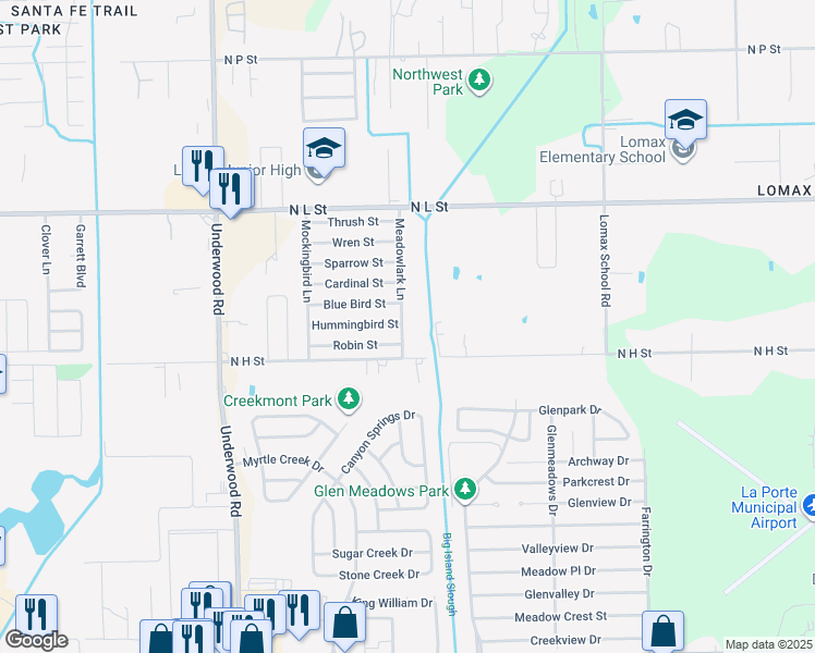 map of restaurants, bars, coffee shops, grocery stores, and more near 2201 Meadow Lark Lane in La Porte