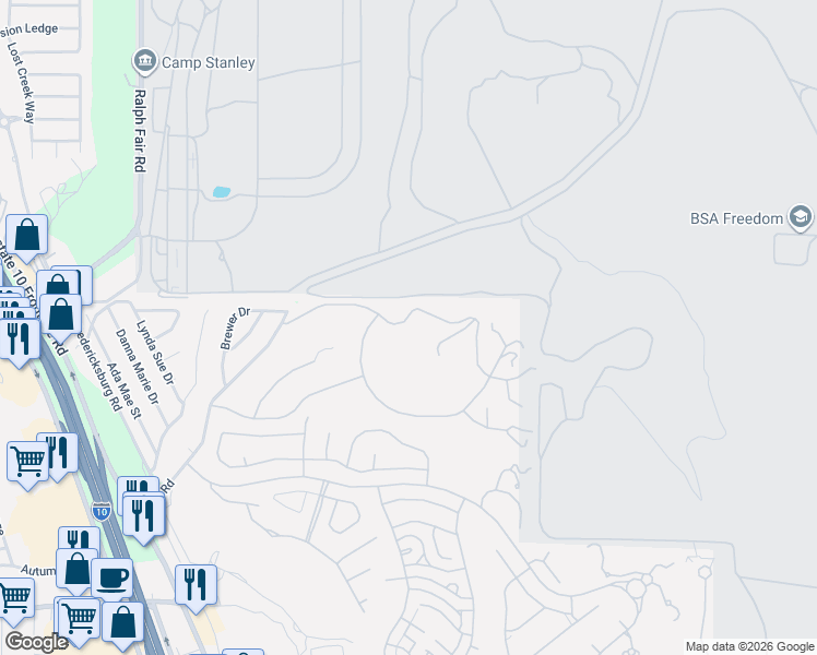 map of restaurants, bars, coffee shops, grocery stores, and more near 25219 Rocky Hill Road in San Antonio