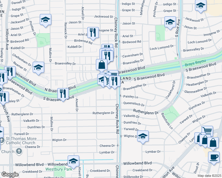 map of restaurants, bars, coffee shops, grocery stores, and more near 5400 North Braeswood Boulevard in Houston