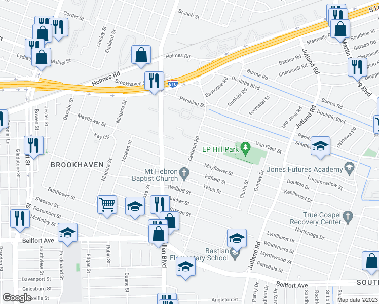 map of restaurants, bars, coffee shops, grocery stores, and more near 7470 Calhoun Road in Houston