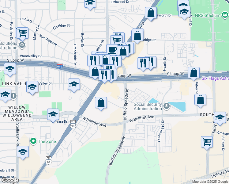 map of restaurants, bars, coffee shops, grocery stores, and more near 3003 South Loop West in Houston