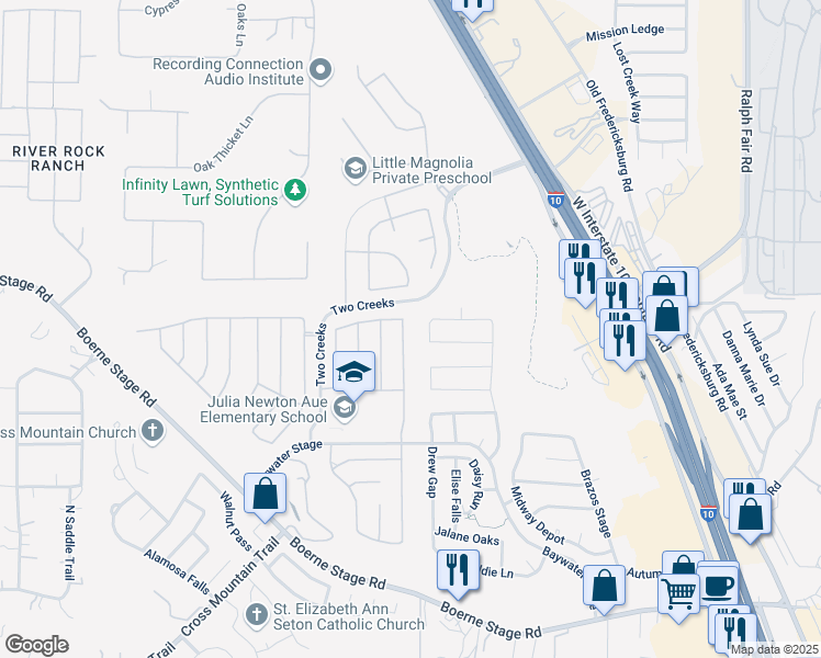 map of restaurants, bars, coffee shops, grocery stores, and more near 24760 Buck Creek in San Antonio