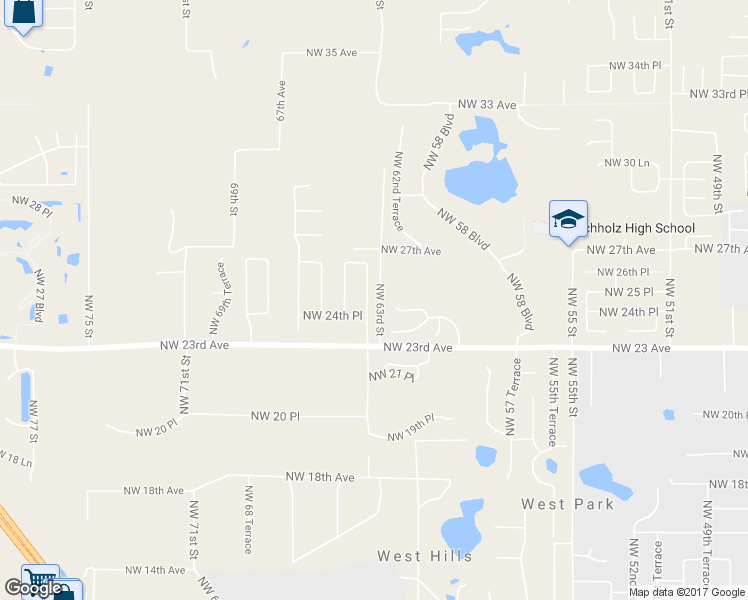 map of restaurants, bars, coffee shops, grocery stores, and more near 2501 Northwest 63rd Terrace in Gainesville