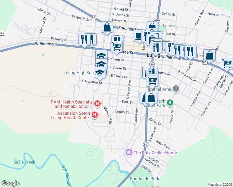 map of restaurants, bars, coffee shops, grocery stores, and more near 327 East Milam Street in Luling